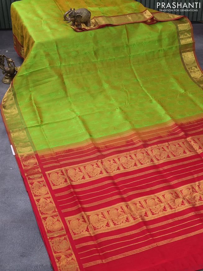 Silk cotton saree dual shade of light green and red with allover self emboss jaquard and annam zari woven border