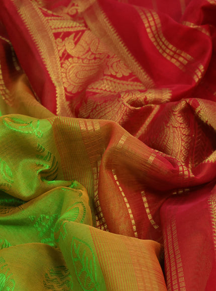 Silk cotton saree dual shade of light green and red with allover self emboss jaquard and annam zari woven border