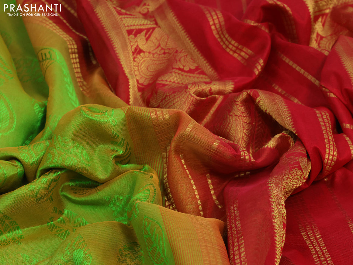 Silk cotton saree dual shade of light green and red with allover self emboss jaquard and annam zari woven border