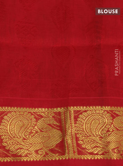 Silk cotton saree dual shade of light green and red with allover self emboss jaquard and annam zari woven border