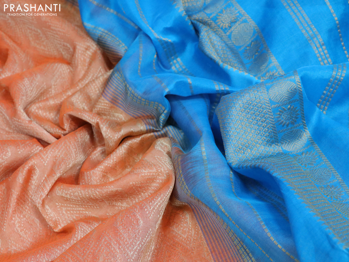 Silk cotton saree pale orange and blue with allover self emboss jaquard and zari woven border