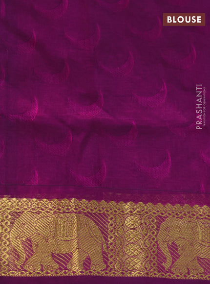 Silk cotton saree light blue and magenta pink with allover self emboss jaquard and elephant design zari woven border