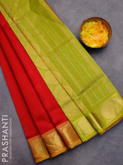 Silk cotton saree red and light green with allover self emboss jaquard and rudhraksha zari woven border