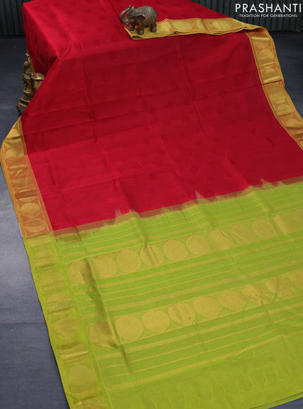 Silk cotton saree red and light green with allover self emboss jaquard and rudhraksha zari woven border