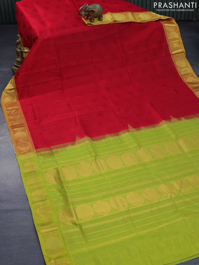 Silk cotton saree red and light green with allover self emboss jaquard and rudhraksha zari woven border