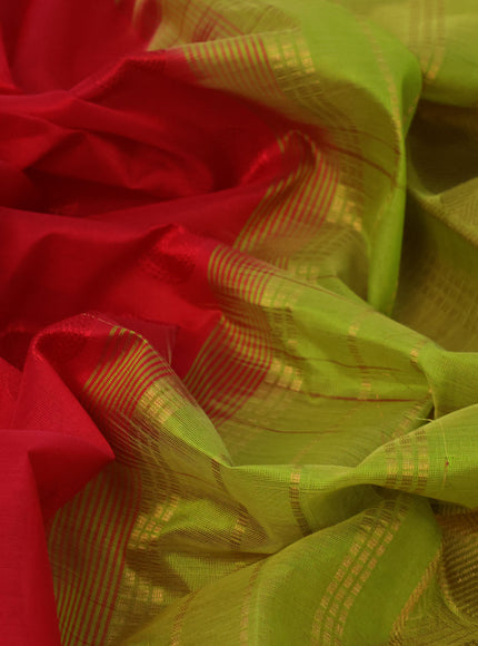 Silk cotton saree red and light green with allover self emboss jaquard and rudhraksha zari woven border