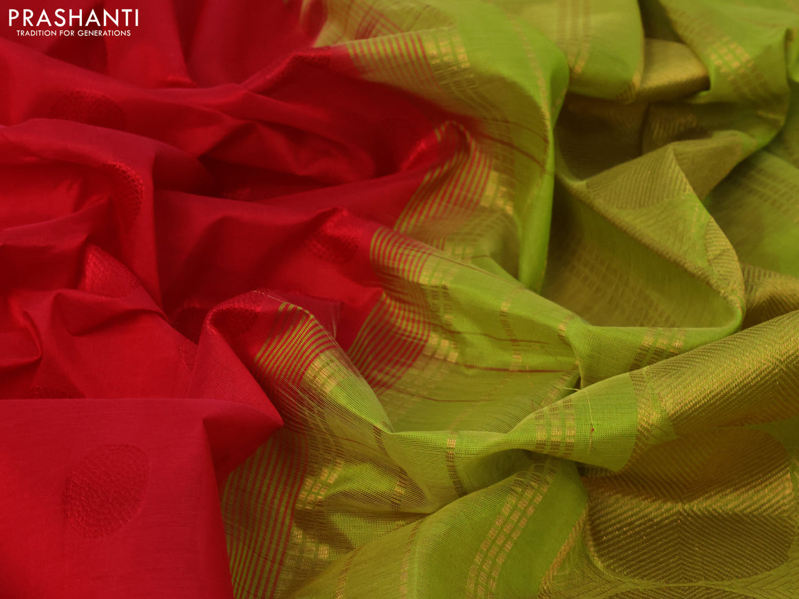 Silk cotton saree red and light green with allover self emboss jaquard and rudhraksha zari woven border