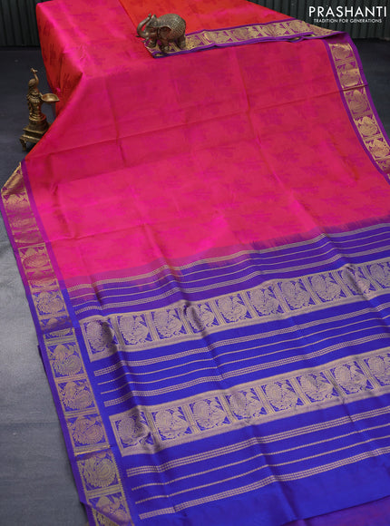 Silk cotton saree dual shade of pinkish orange and blue with allover self emboss jaquard and annam zari woven border