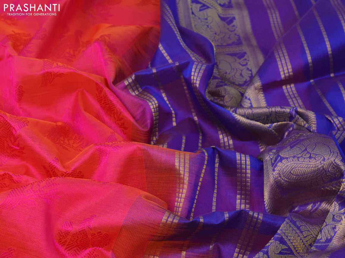 Silk cotton saree dual shade of pinkish orange and blue with allover self emboss jaquard and annam zari woven border