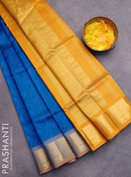 Silk cotton saree cs blue and mustard yellow with allover self emboss jaquard and zari woven border