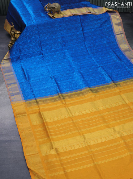 Silk cotton saree cs blue and mustard yellow with allover self emboss jaquard and zari woven border