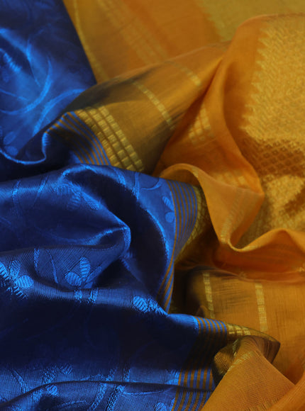 Silk cotton saree cs blue and mustard yellow with allover self emboss jaquard and zari woven border