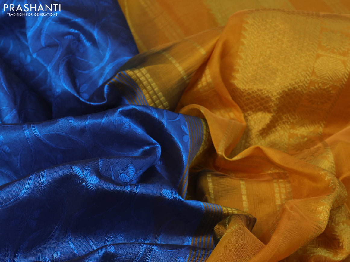 Silk cotton saree cs blue and mustard yellow with allover self emboss jaquard and zari woven border