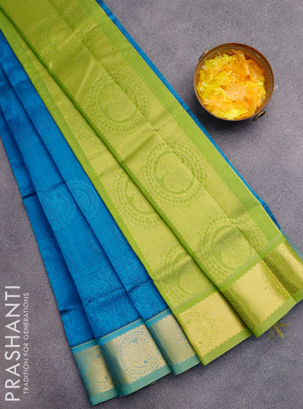 Silk cotton saree cs blue and light green with allover self emboss jaquard and annam zari woven border