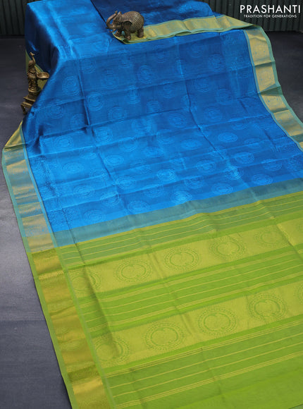 Silk cotton saree cs blue and light green with allover self emboss jaquard and annam zari woven border