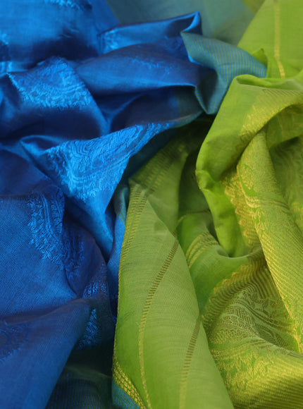 Silk cotton saree cs blue and light green with allover self emboss jaquard and annam zari woven border