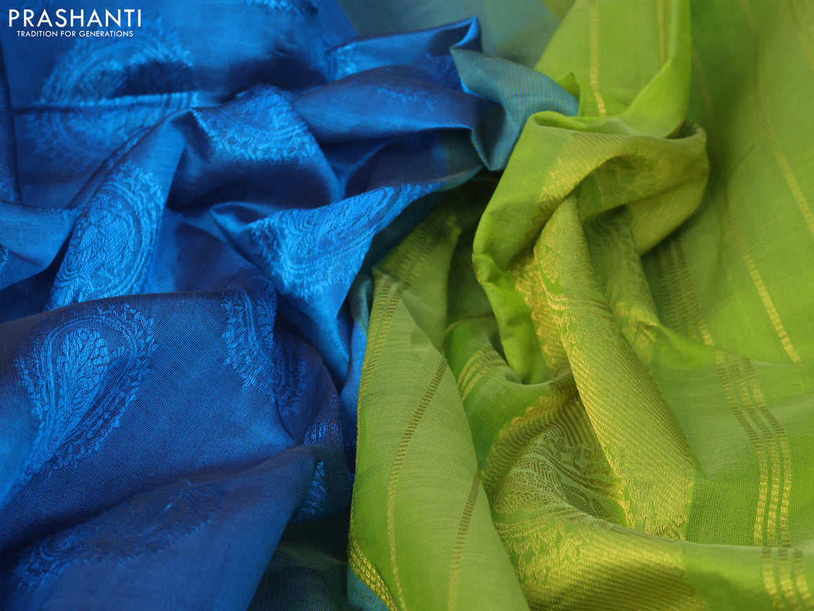 Silk cotton saree cs blue and light green with allover self emboss jaquard and annam zari woven border