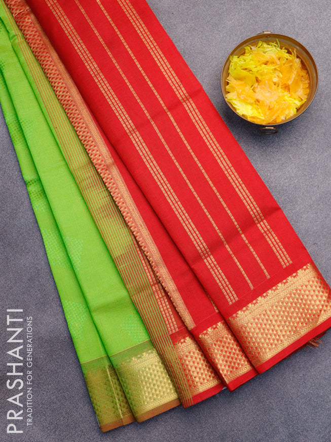 Silk cotton saree light green and red with allover self emboss jaquard and zari woven border