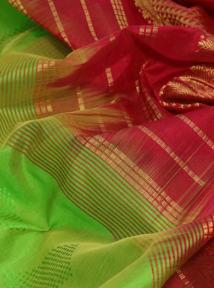 Silk cotton saree light green and red with allover self emboss jaquard and zari woven border