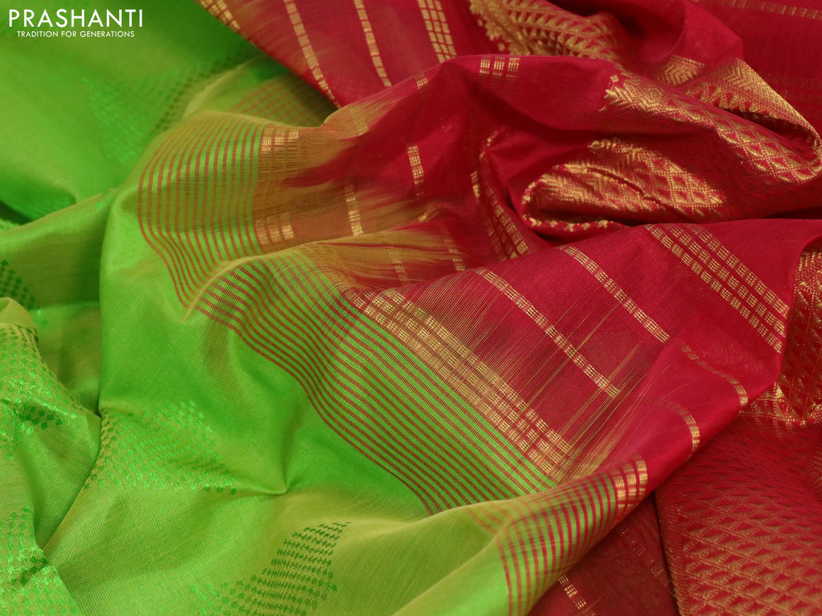 Silk cotton saree light green and red with allover self emboss jaquard and zari woven border