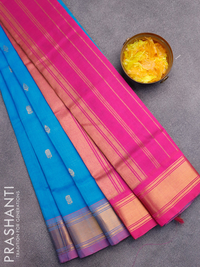 Silk cotton saree blue and pink with allover zari woven buttas and zari woven border