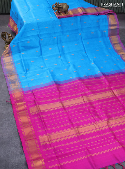 Silk cotton saree blue and pink with allover zari woven buttas and zari woven border