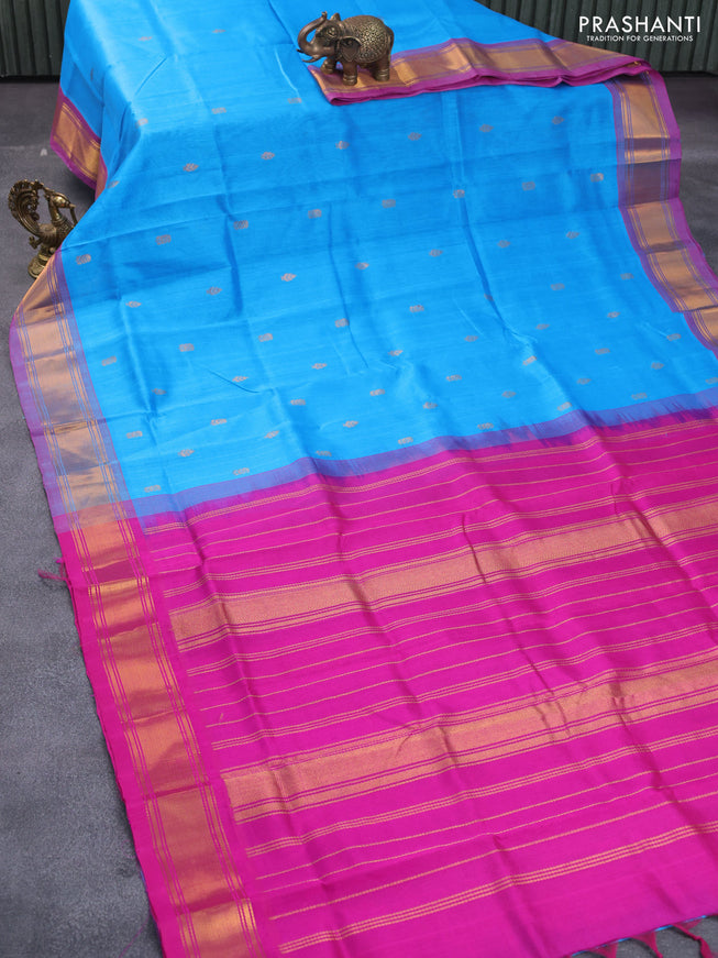 Silk cotton saree blue and pink with allover zari woven buttas and zari woven border