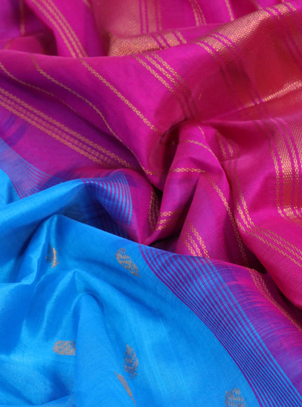 Silk cotton saree blue and pink with allover zari woven buttas and zari woven border