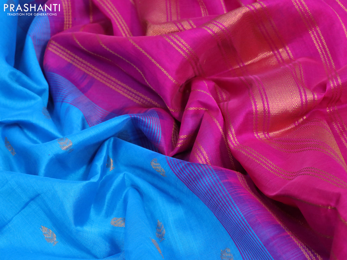 Silk cotton saree blue and pink with allover zari woven buttas and zari woven border