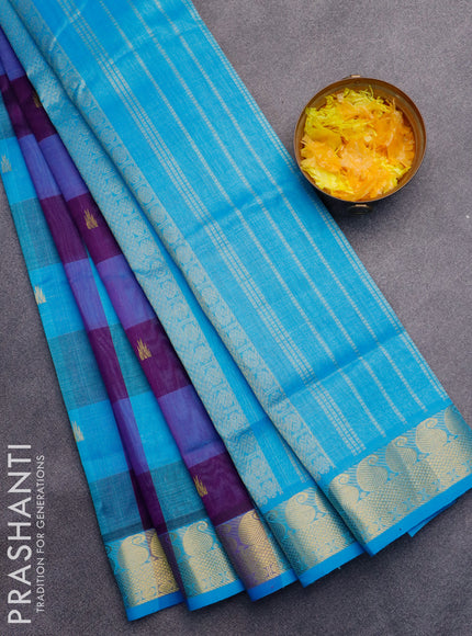 Silk cotton saree light blue and deep purple with allover paalum pazhamum checked pattern & zari buttas and zari woven border