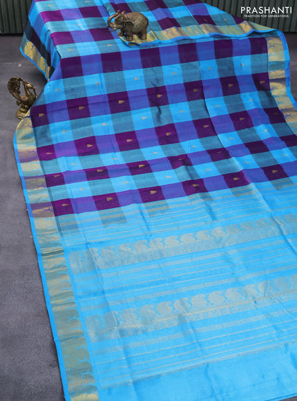 Silk cotton saree light blue and deep purple with allover paalum pazhamum checked pattern & zari buttas and zari woven border