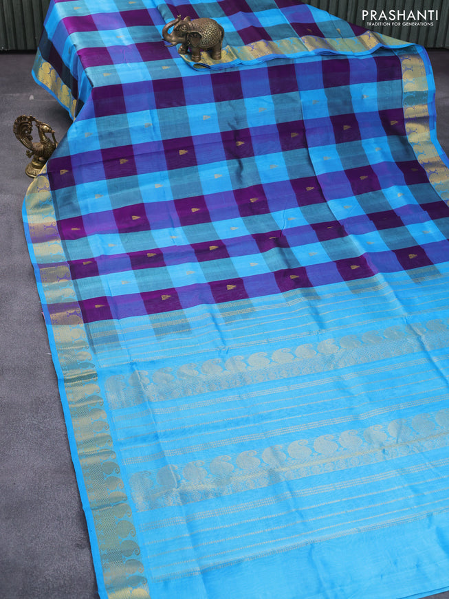 Silk cotton saree light blue and deep purple with allover paalum pazhamum checked pattern & zari buttas and zari woven border