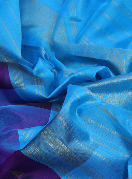 Silk cotton saree light blue and deep purple with allover paalum pazhamum checked pattern & zari buttas and zari woven border