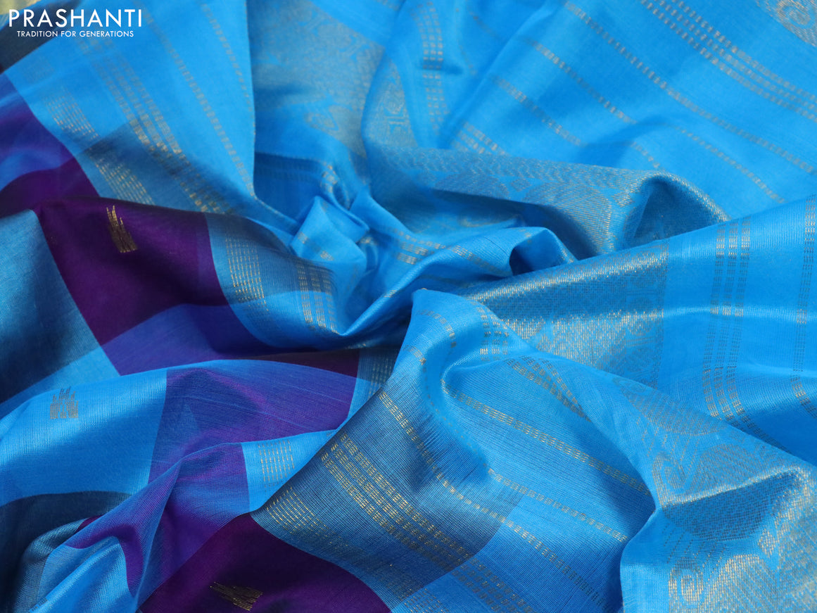 Silk cotton saree light blue and deep purple with allover paalum pazhamum checked pattern & zari buttas and zari woven border