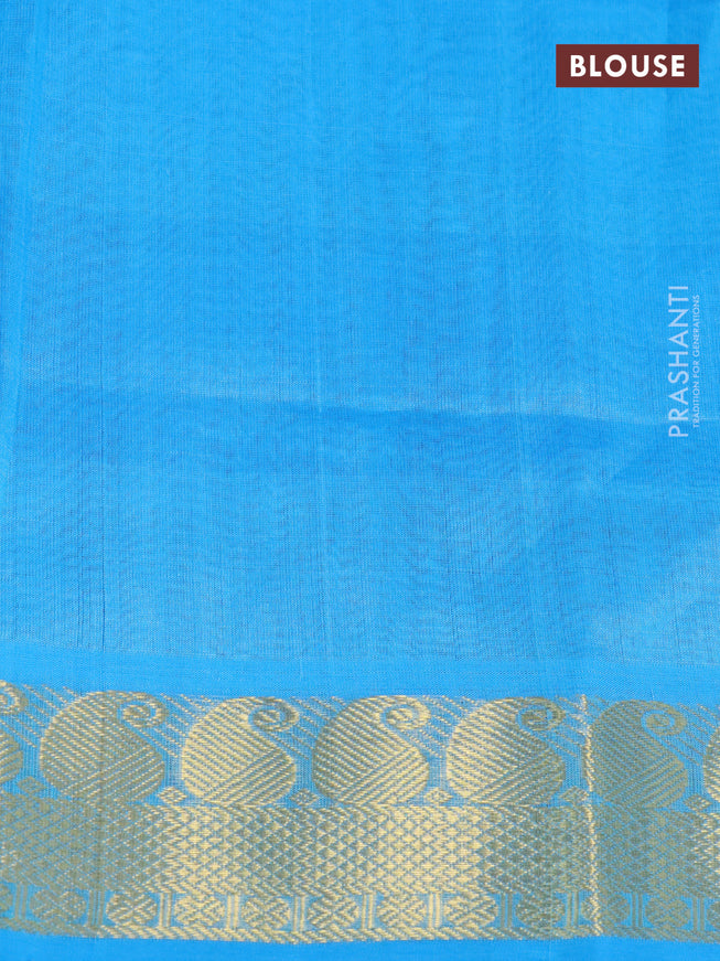 Silk cotton saree light blue and deep purple with allover paalum pazhamum checked pattern & zari buttas and zari woven border