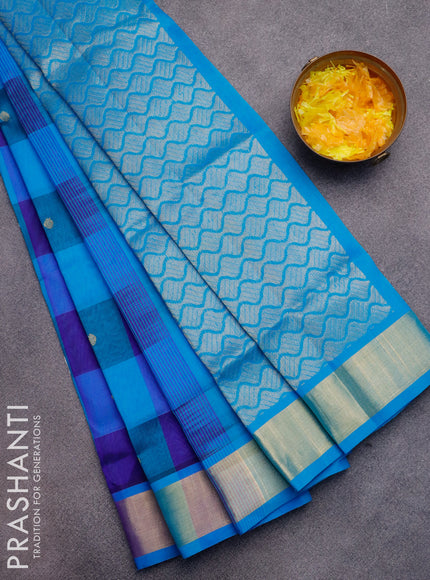 Silk cotton saree blue and light blue with allover paalum pazhamum checked pattern & zari buttas and zari woven border