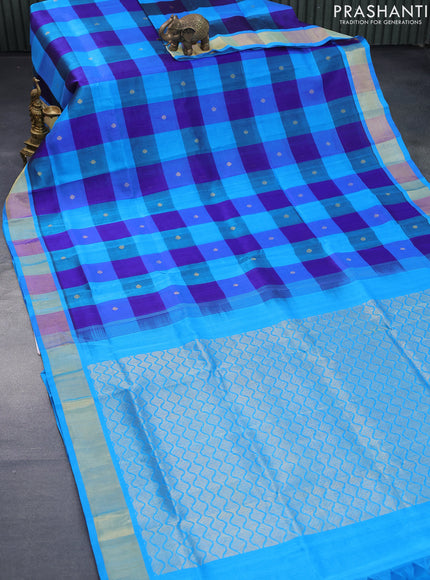 Silk cotton saree blue and light blue with allover paalum pazhamum checked pattern & zari buttas and zari woven border