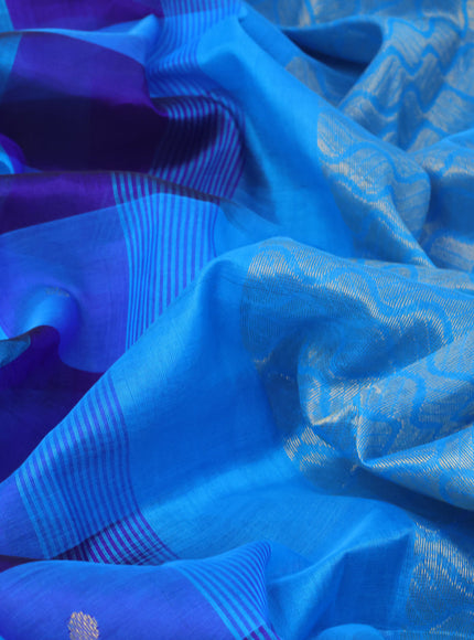 Silk cotton saree blue and light blue with allover paalum pazhamum checked pattern & zari buttas and zari woven border