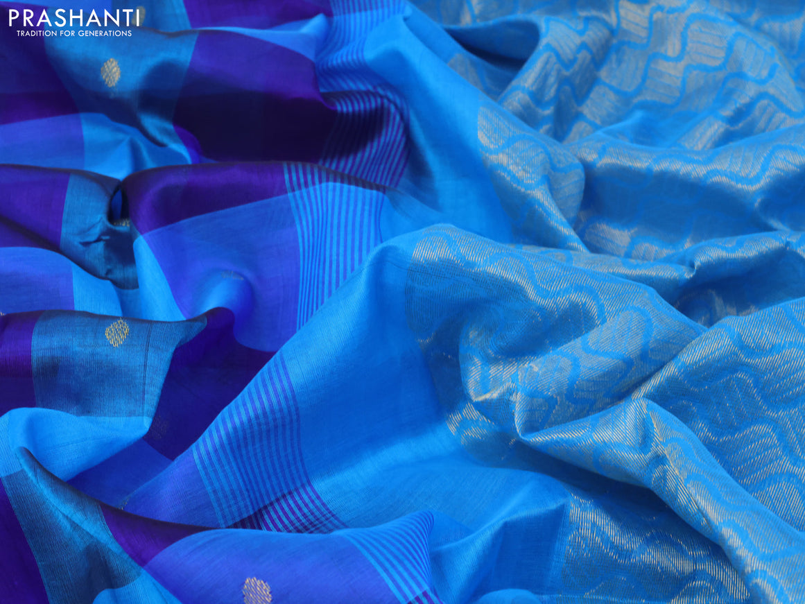 Silk cotton saree blue and light blue with allover paalum pazhamum checked pattern & zari buttas and zari woven border