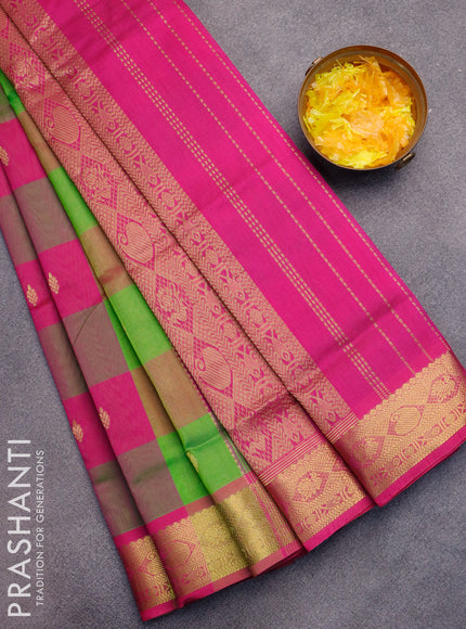 Silk cotton saree light green and pink with allover paalum pazhamum checked pattern & zari buttas and zari woven border