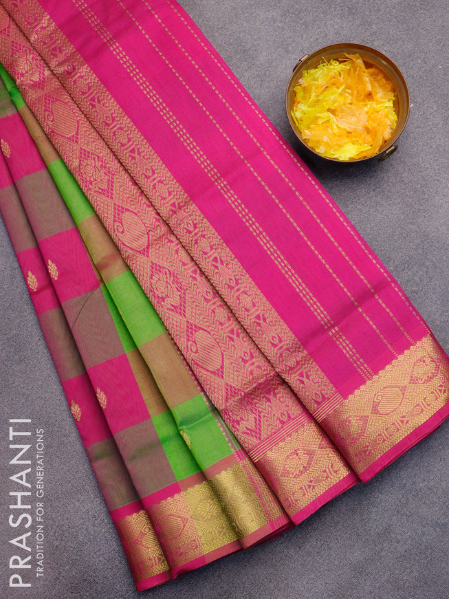 Silk cotton saree light green and pink with allover paalum pazhamum checked pattern & zari buttas and zari woven border