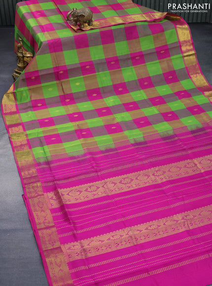 Silk cotton saree light green and pink with allover paalum pazhamum checked pattern & zari buttas and zari woven border