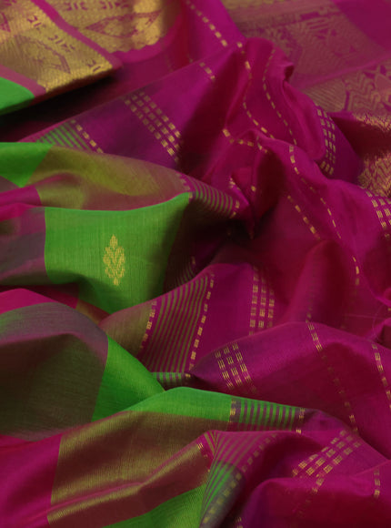 Silk cotton saree light green and pink with allover paalum pazhamum checked pattern & zari buttas and zari woven border