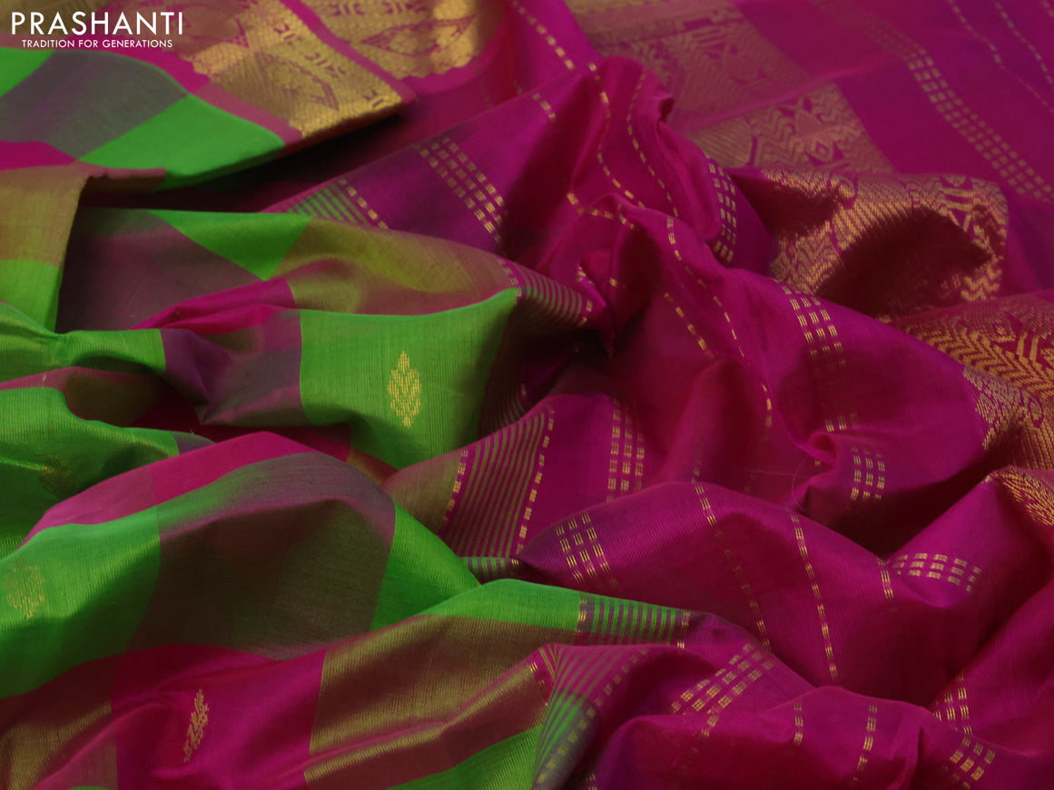 Silk cotton saree light green and pink with allover paalum pazhamum checked pattern & zari buttas and zari woven border