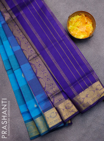 Silk cotton saree cs blue and blue with allover paalum pazhamum checked pattern & zari buttas and zari woven border