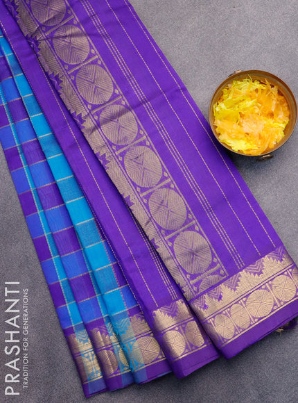 Silk cotton saree cs blue and blue with allover paalum pazhamum zari checked pattern and temple & rudhraksha zari woven border