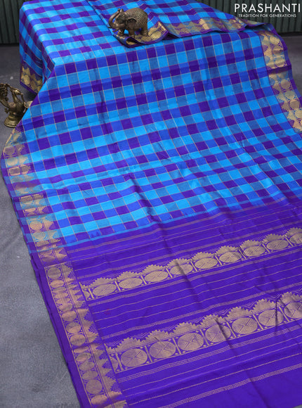 Silk cotton saree cs blue and blue with allover paalum pazhamum zari checked pattern and temple & rudhraksha zari woven border