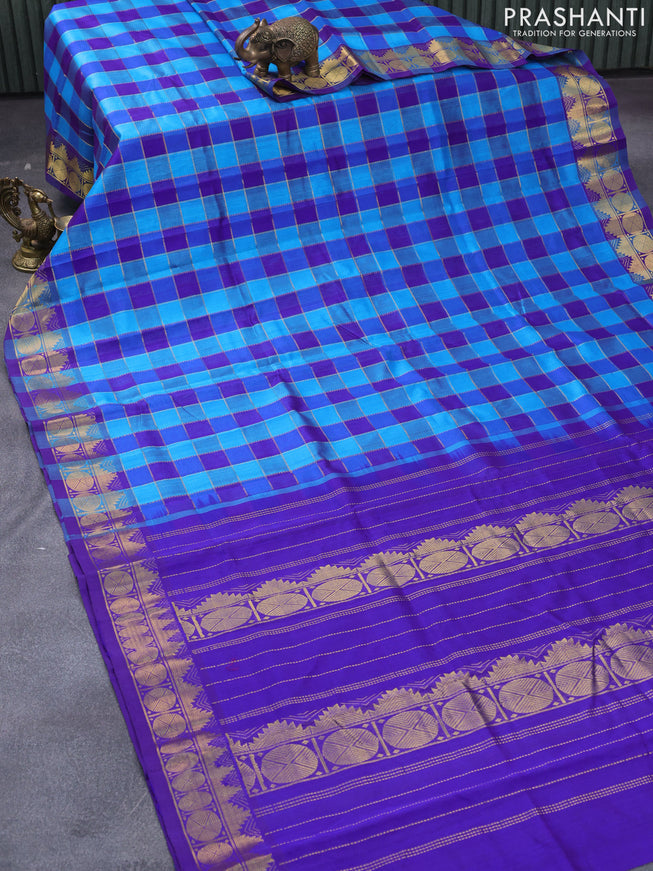 Silk cotton saree cs blue and blue with allover paalum pazhamum zari checked pattern and temple & rudhraksha zari woven border