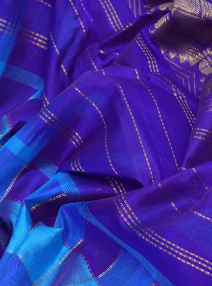 Silk cotton saree cs blue and blue with allover paalum pazhamum zari checked pattern and temple & rudhraksha zari woven border