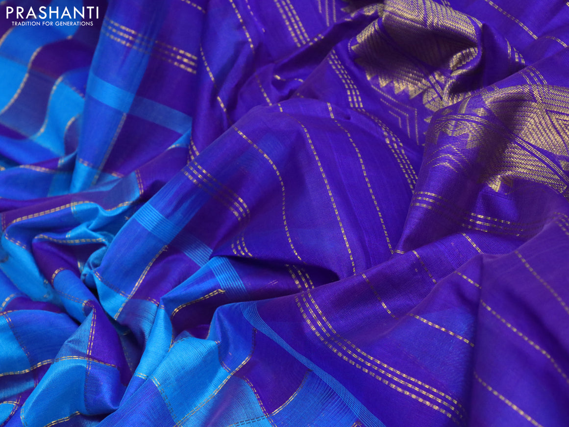 Silk cotton saree cs blue and blue with allover paalum pazhamum zari checked pattern and temple & rudhraksha zari woven border